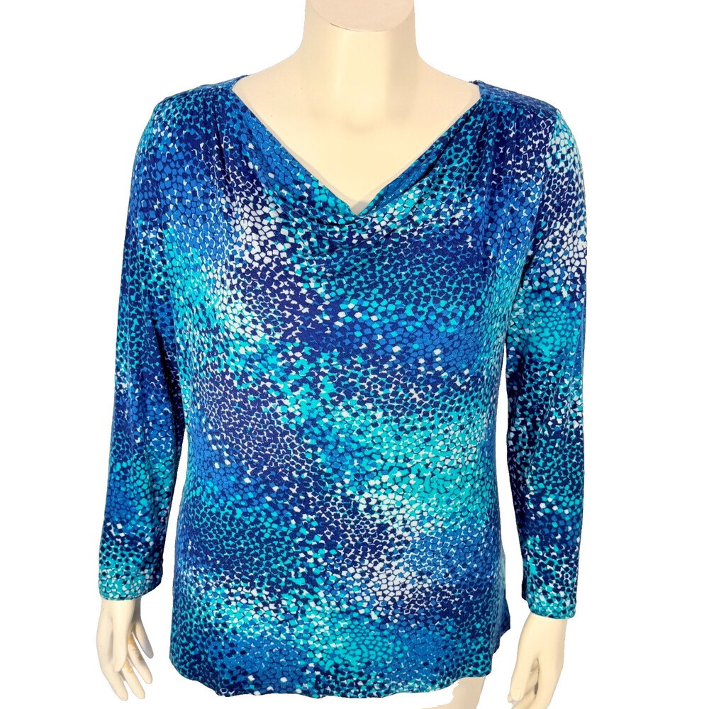 Apt.9 Blouse Women's XL Blue Green Abstract Geometric Cowl Neck Long Sleeve